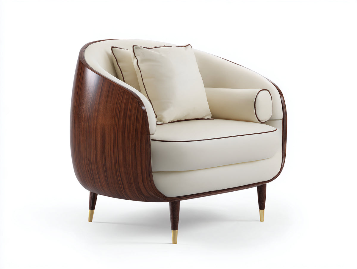 Poltrona - Legno-Tessuto - 91 x 86 x 86 cm - Marrone scuro-Bianco crema - Design contemporaneo curvo