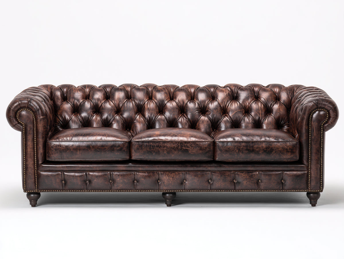 Divano a 3 posti - Pelle - 224 x 95 x 79 cm - Marrone scuro - Stile Chesterfield classico