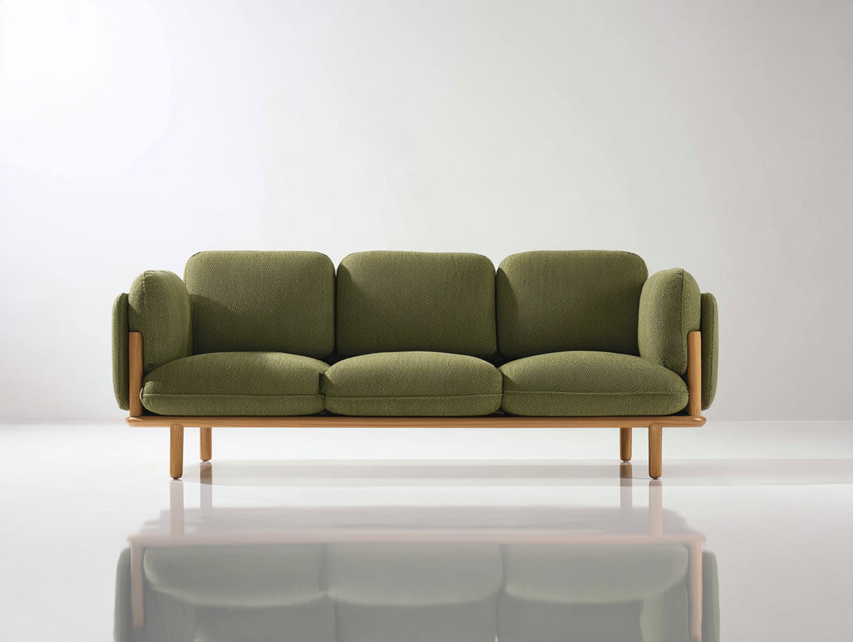 Divano a 3 posti - Tessuto-Legno - 209 x 90 x 82 cm - Verde oliva-Legno naturale - Stile scandinavo moderno