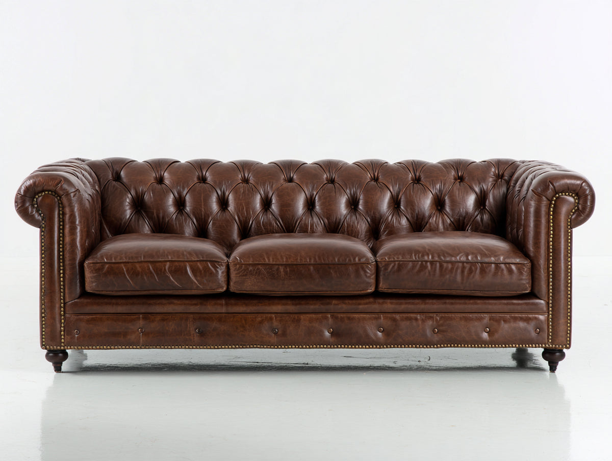 Divano a 3 posti - Pelle - 224 x 96 x 78 cm - Marrone scuro - Stile Chesterfield classico