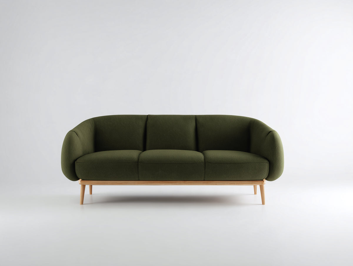Divano a 3 posti - Tessuto-Legno - 205 x 88 x 80 cm - Verde oliva-Legno naturale - Stile scandinavo moderno