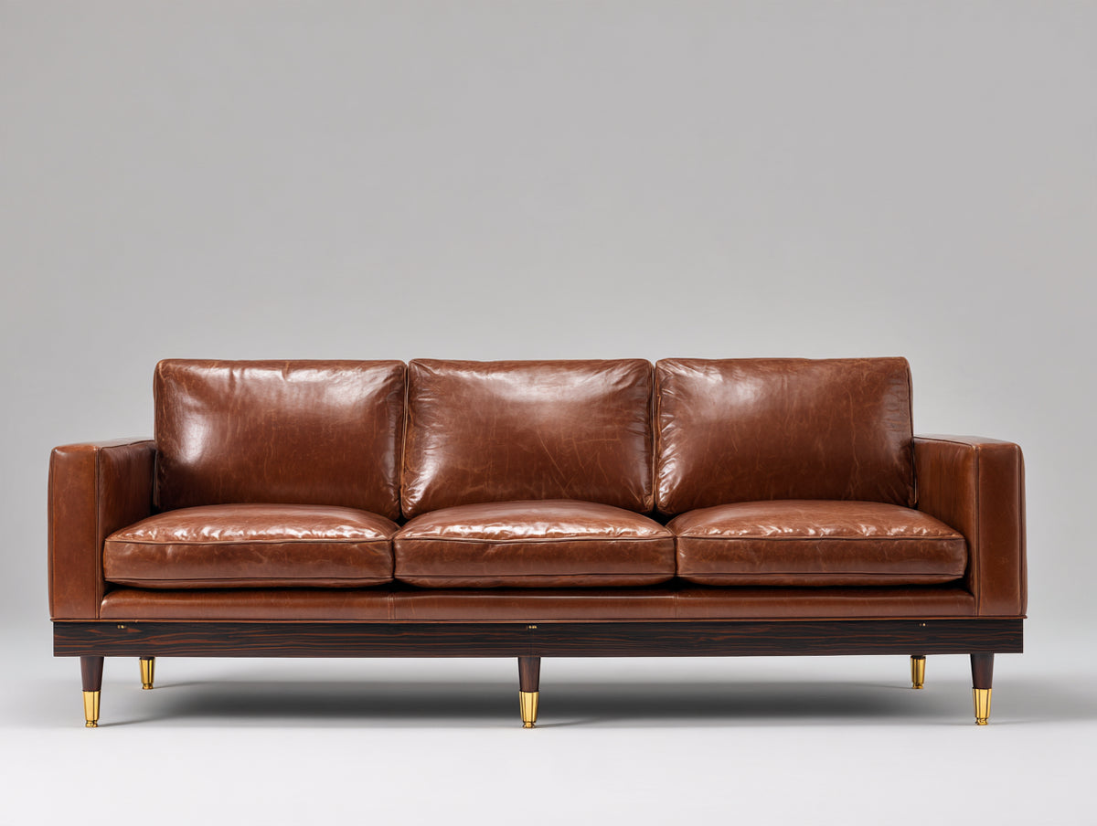 Divano a 3 posti - Pelle-Legno - 220 x 91 x 84 cm - Marrone-Marrone scuro - Stile mid-century moderno