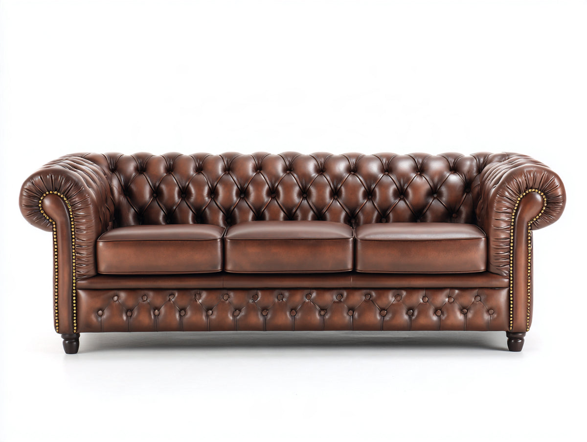Divano a 3 posti - Pelle - 226 x 96 x 78 cm - Marrone scuro - Stile Chesterfield classico