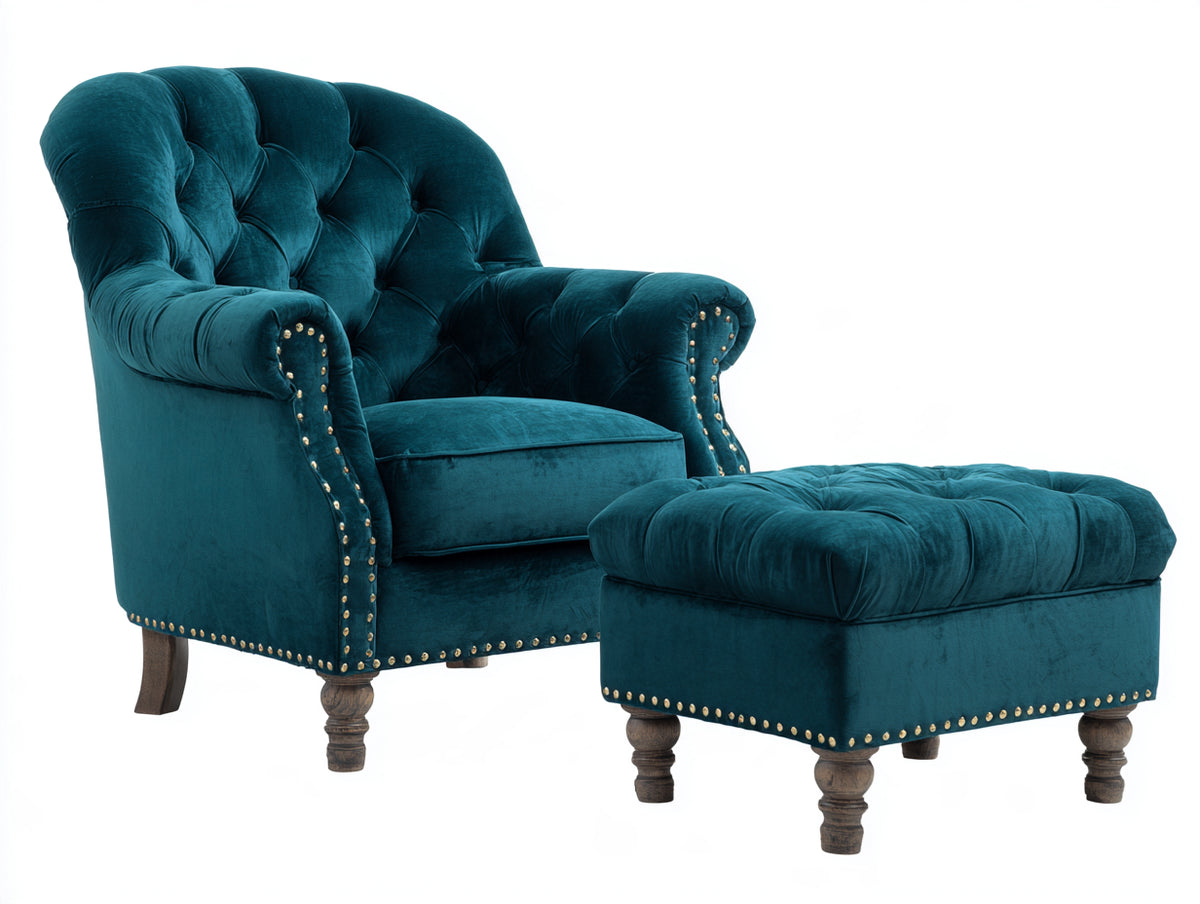 Poltrona - Velluto - 89 x 87 x 98 cm - Blu petrolio - Design classico capitonné